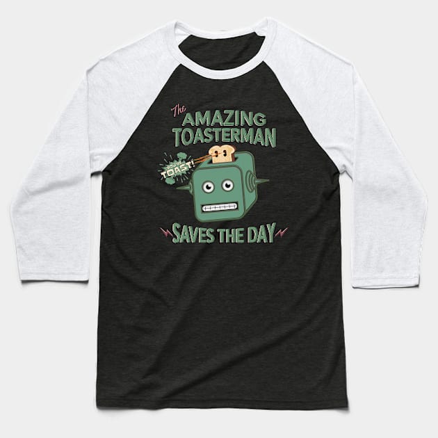 The Amazing Toasterman Saves the Day Funny Halftone Robot Toaster Baseball T-Shirt by SunGraphicsLab